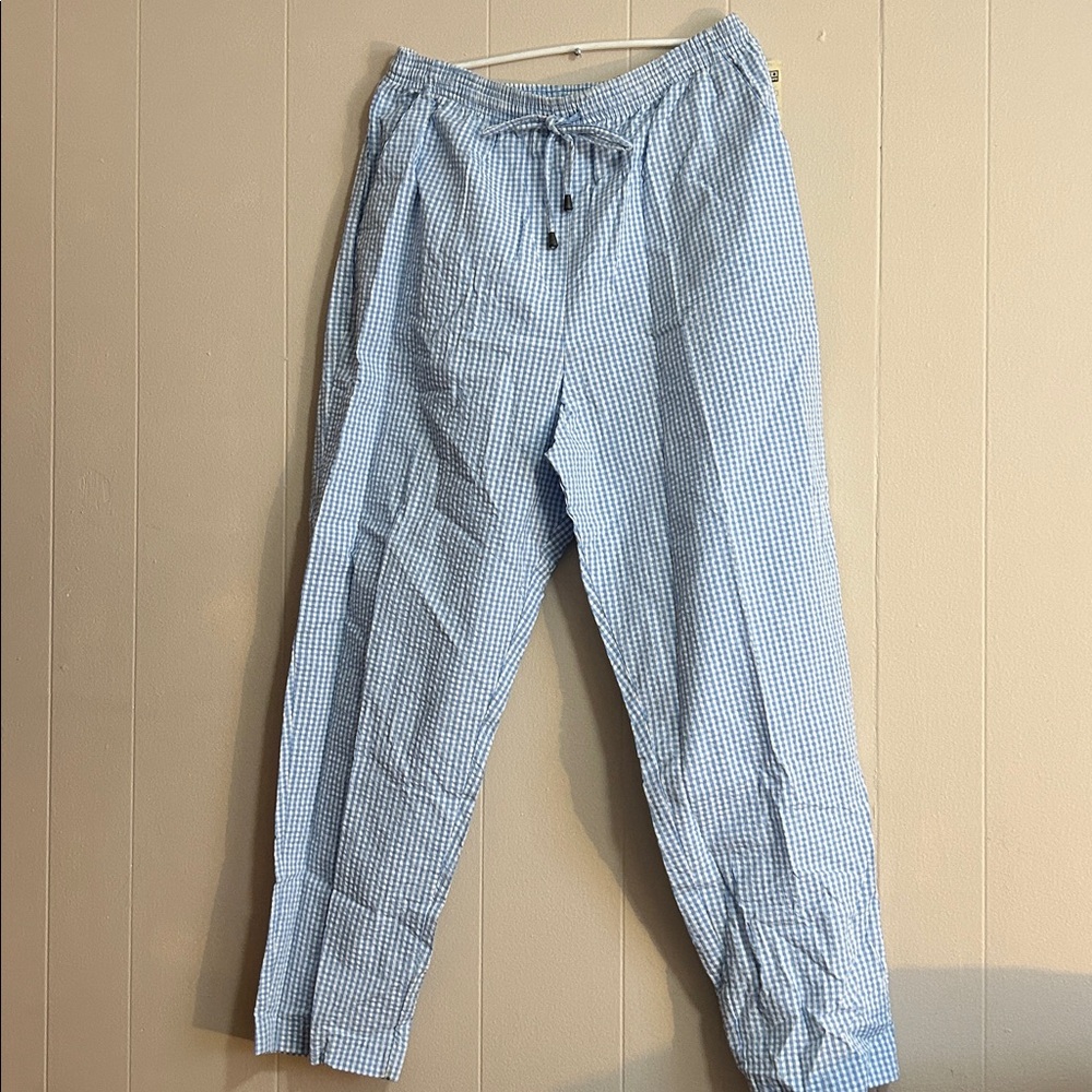 Jantzen Woman’s Blue and White Gingham Drawstring Long Pants W/Pockets Size 18W
